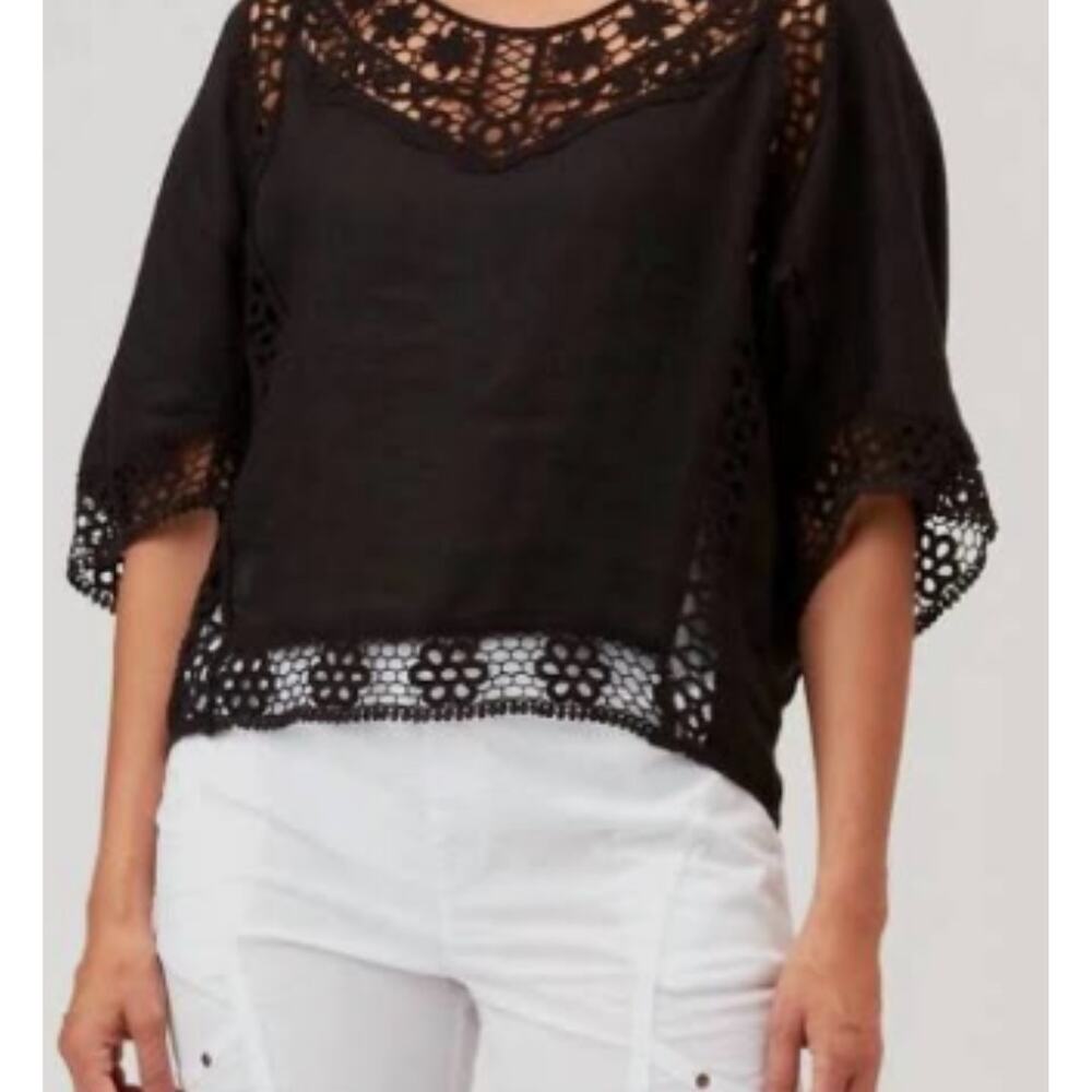 XCVI Black Crochet-Trim Linen Blend Top